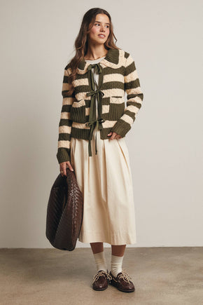 Dark Olive Striped Knit Peter Pan Collar Cardigan