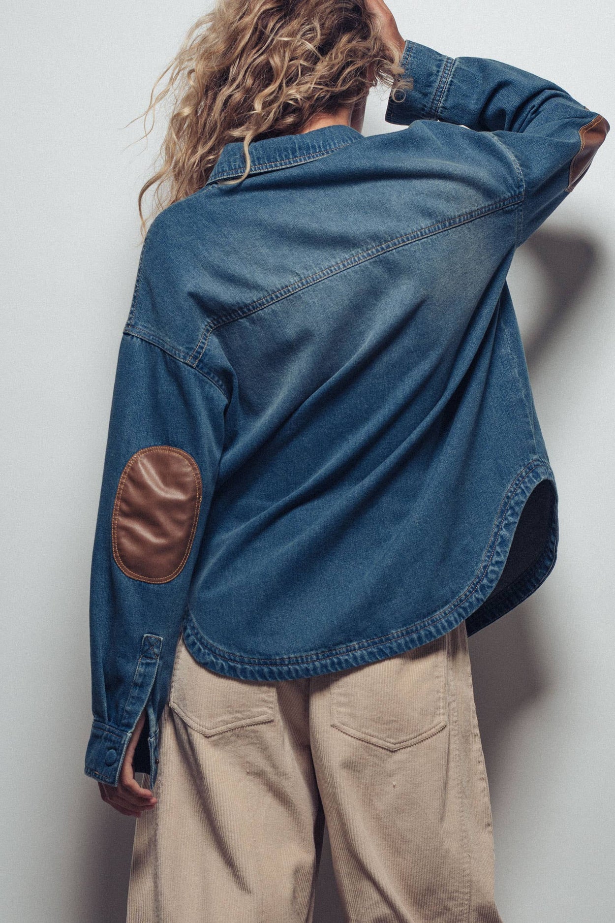 Elbow Patch Denim Button-Up Shirt