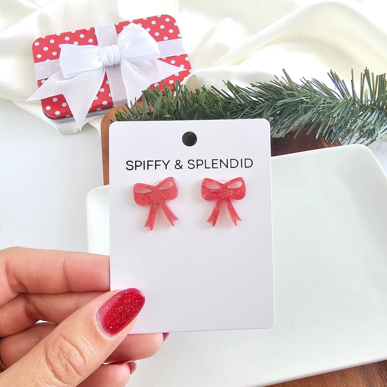 Red Shimmer Bow Studs