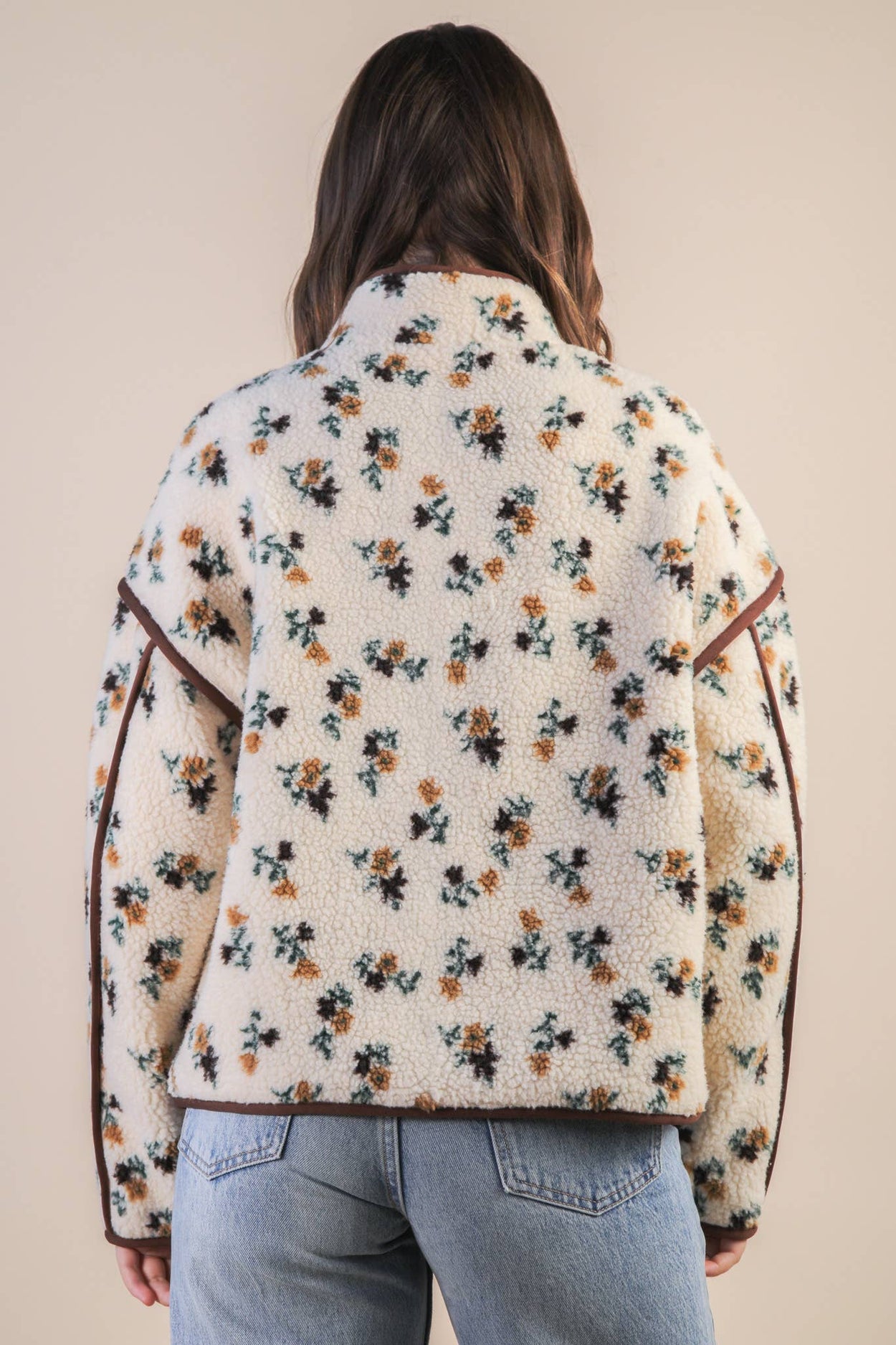 Cream Flower Floral Printed Casual Fleece Jacket