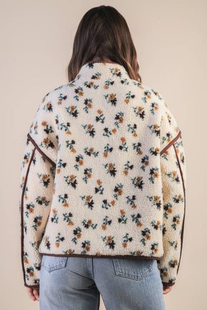 Cream Flower Floral Printed Casual Fleece Jacket