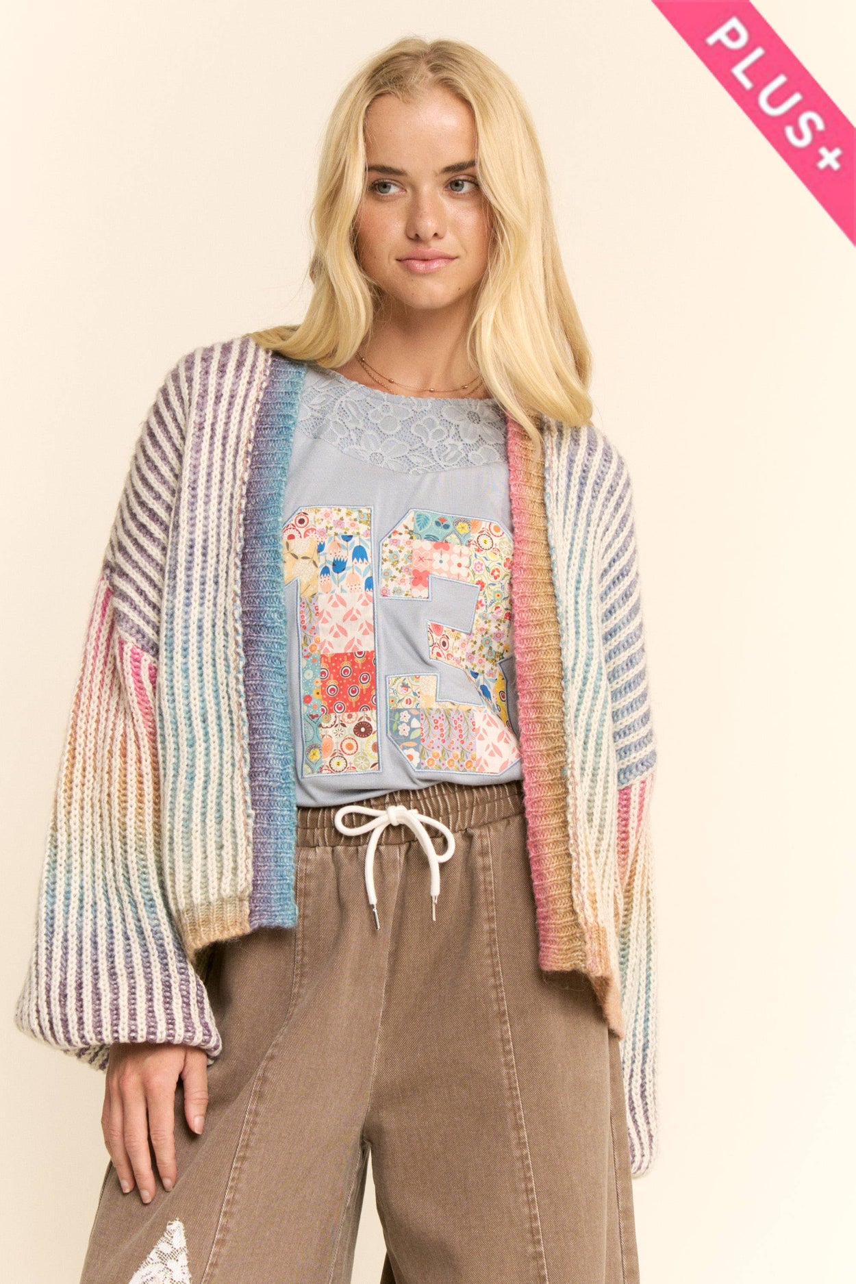 Plus Rainbow Stripe Open Cardigan