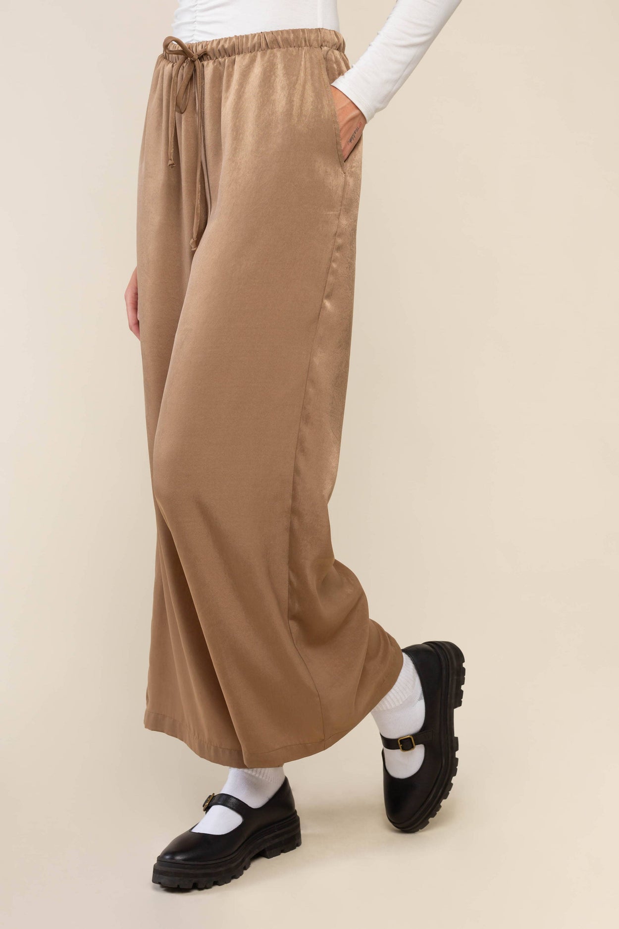 Plus Tan Satin Wide Leg Pant