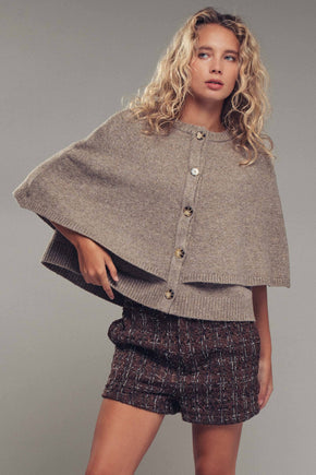 Mocha Wool Blend Button-Front Sweater Cape