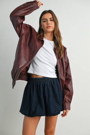 Wine Collared Zip-Front Leather Jacket