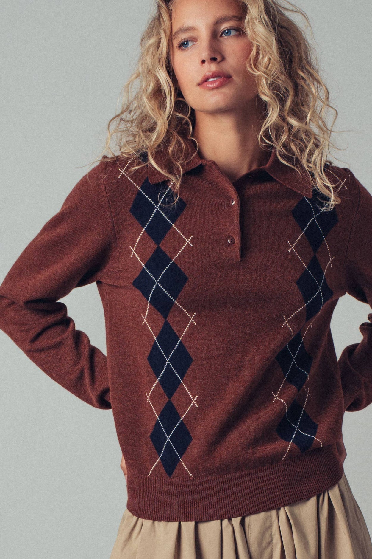 Brown Classic Argyle Knit Polo Sweater