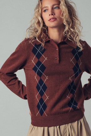 Brown Classic Argyle Knit Polo Sweater