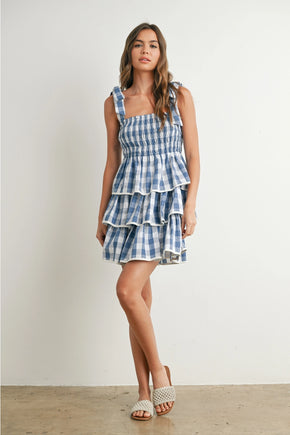 Blue Tie Strap Tiered Dress