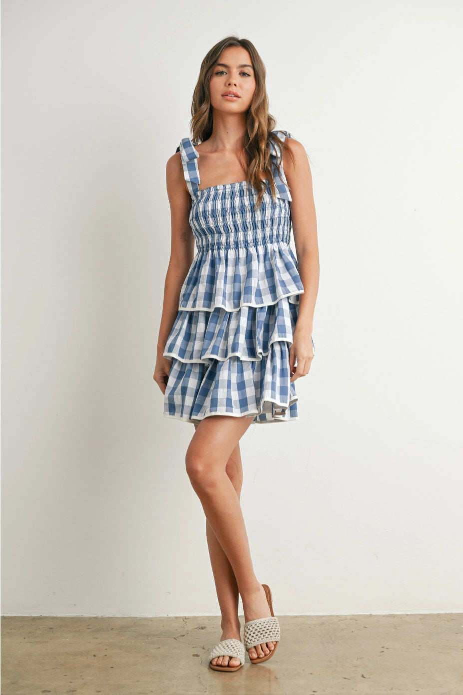 Blue Tie Strap Tiered Dress