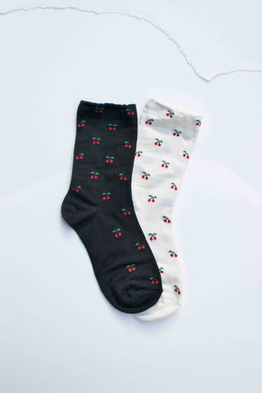 Ivory Cherry Pattern Cotton Blend Socks