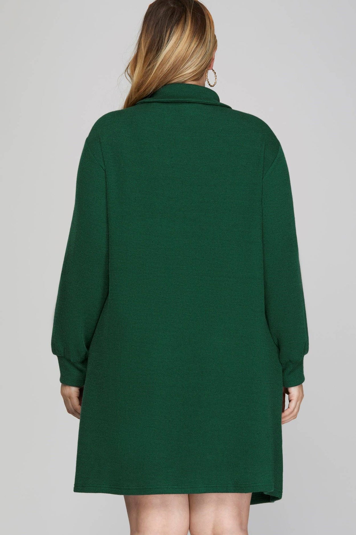 Plus Green Long Sleeve Knit Collared Dress