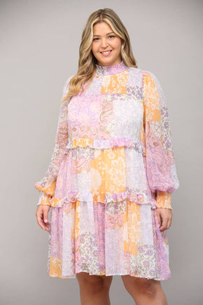 Plus Patchwork Chiffon Mock Neck Dress