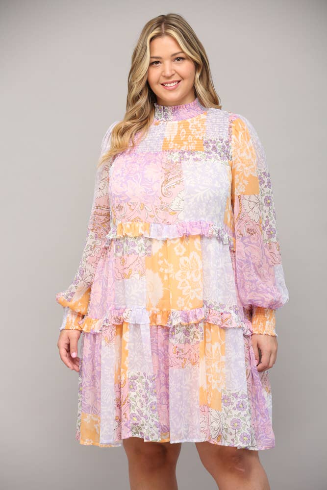 Plus Patchwork Chiffon Mock Neck Dress