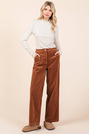 Olive Corduroy Semi WIde Leg Elastic Waist Pants