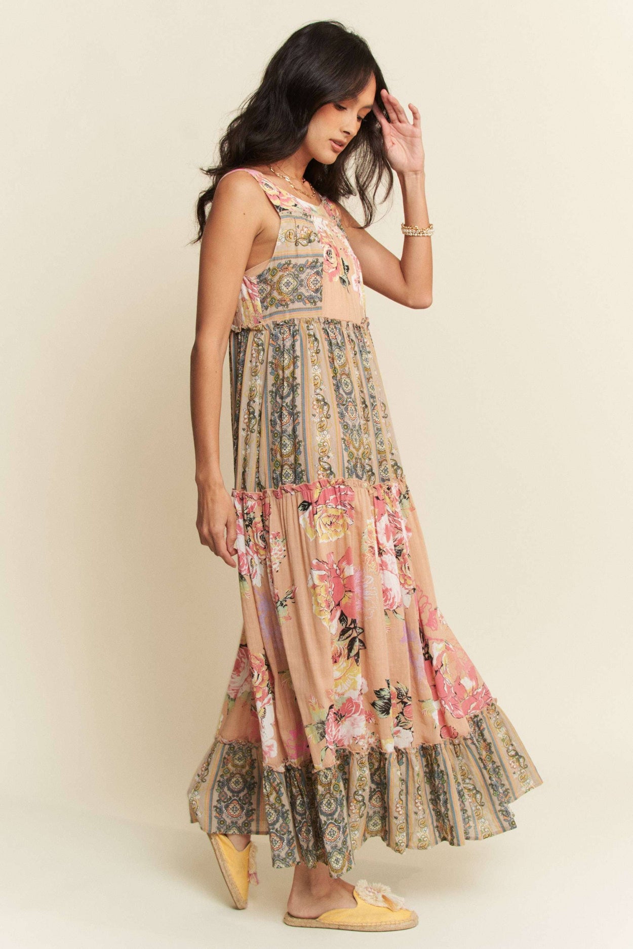 Plus Floral Boho Mixed Stripe Maxi Dress