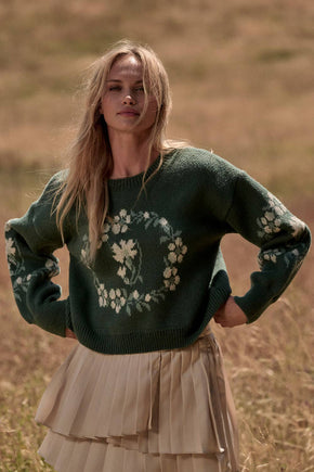 Green Floral Round Neck Sweater