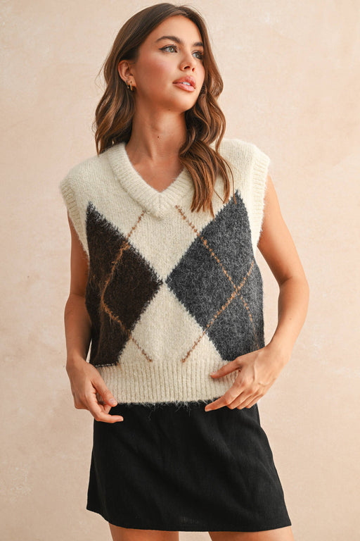 Cream Argyle Pattern Sweater Vest