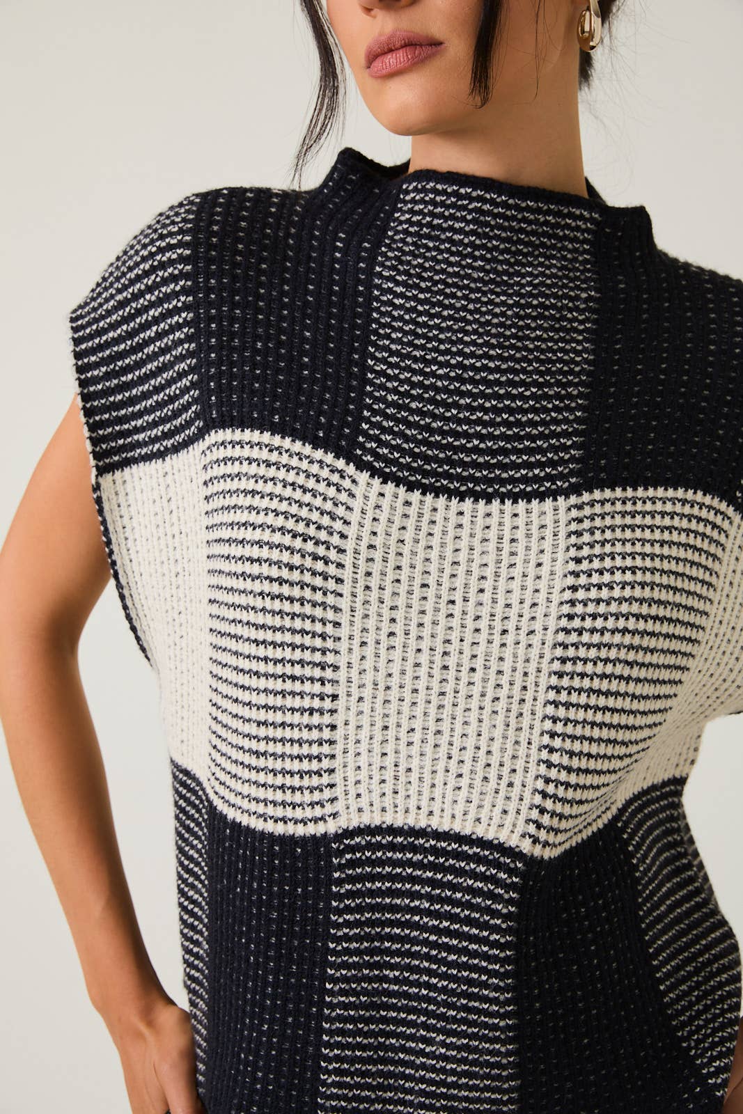 Cream & Black High Neck Wide Shoulder Top