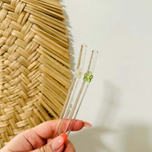 White Flower Glass Straw
