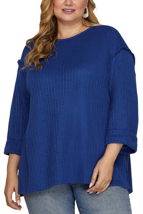 Plus Blue 3/4 Folded Sleeve Knit Top