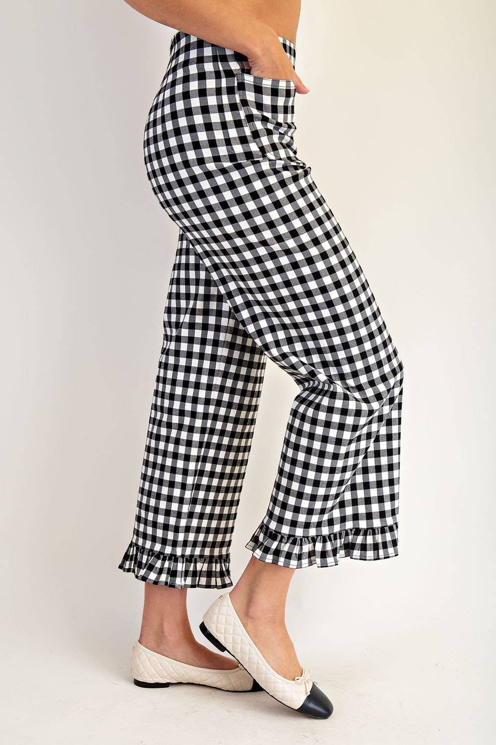 Black Gingham Ruffle Trim Straight Leg Pants
