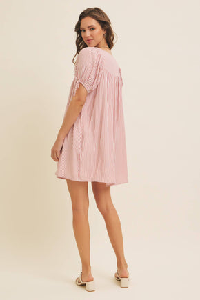 Red Stripe Puff Sleeve Mini Dress