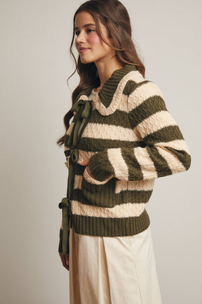Dark Olive Striped Knit Peter Pan Collar Cardigan