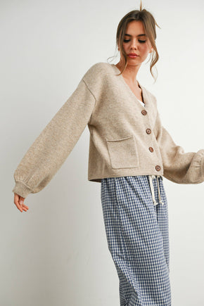 Taupe V-Neck Cuff Button-Up Top