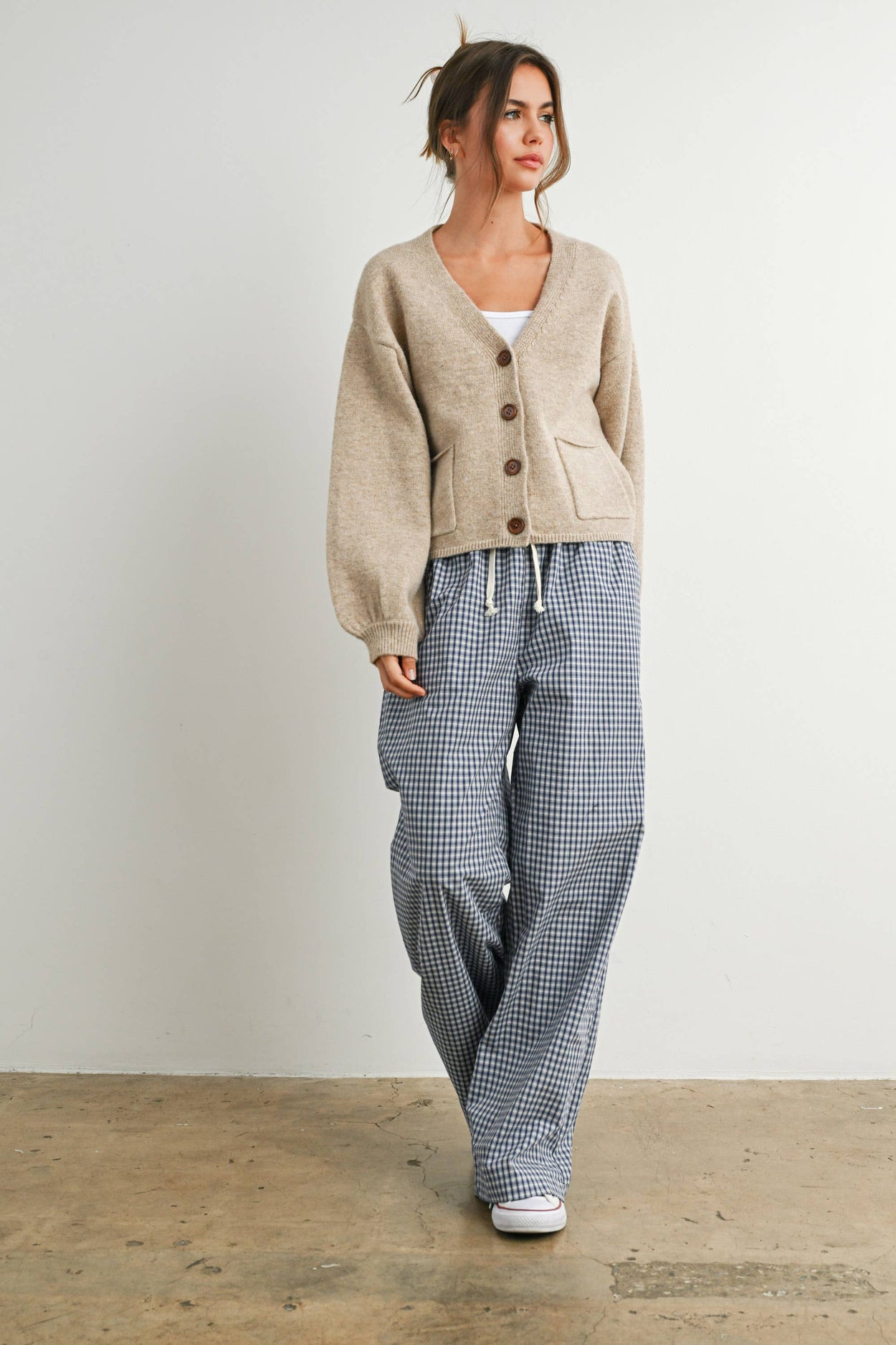 Taupe V-Neck Cuff Button-Up Top