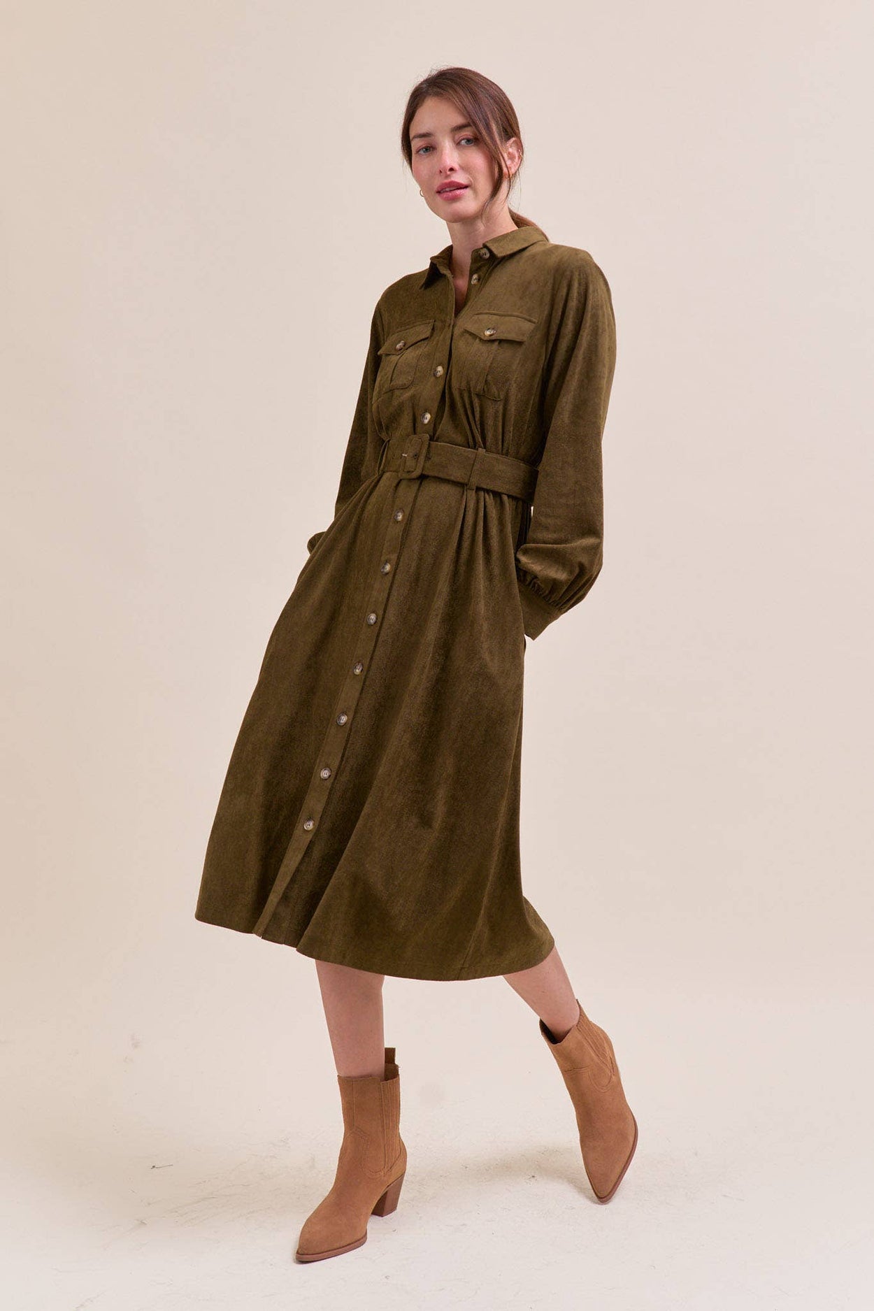 Olive Suede Shirt Dress