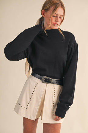 Black Mock Neck Puff Sleeve Sweater