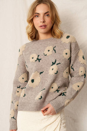 Grey & Green Flower Cloud Pullover Sweater