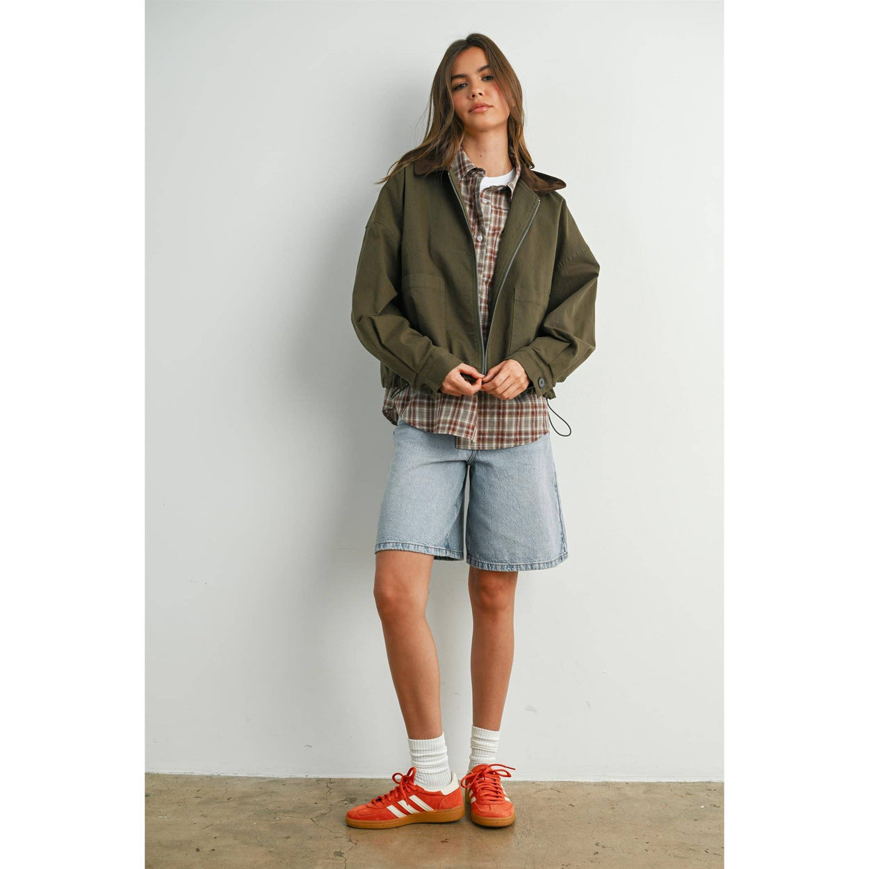 Olive Collared Zip-Up Drawstring Jacket