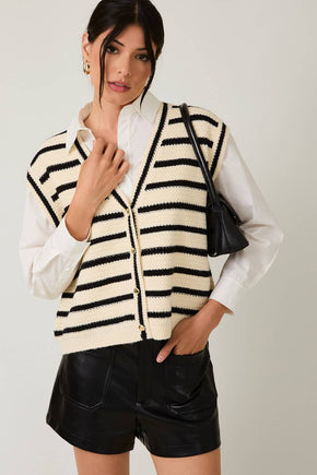 V-Neck Button Down Sleeveless Stripe Vest