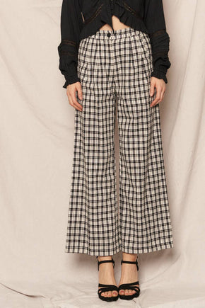 Ivory & Black Plaid Wide Leg Pants with Back Elastic