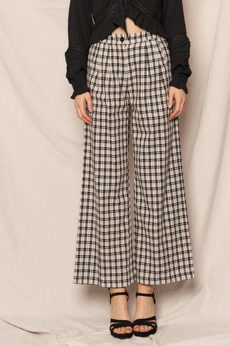 Ivory & Black Plaid Wide Leg Pants with Back Elastic