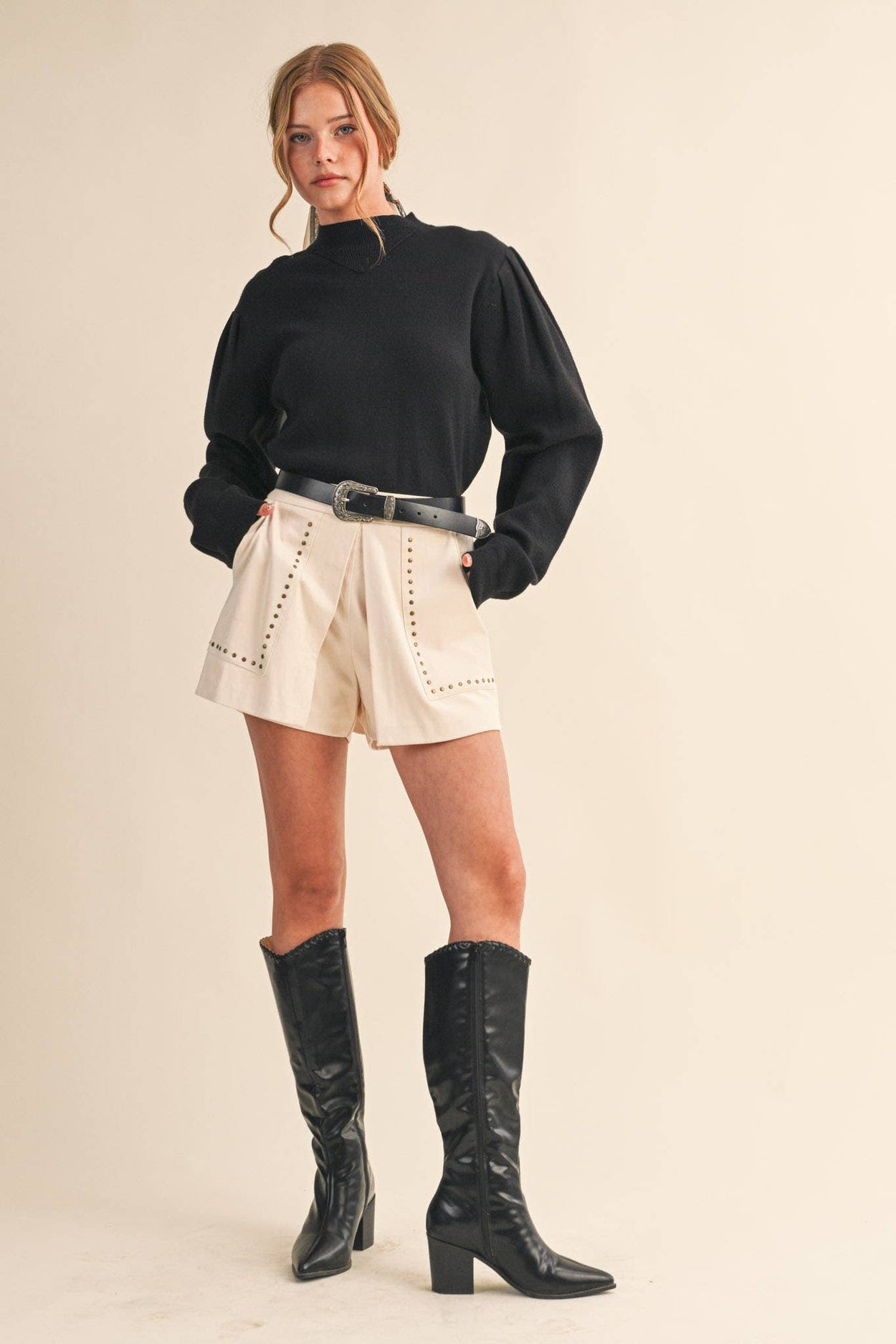 Black Mock Neck Puff Sleeve Sweater