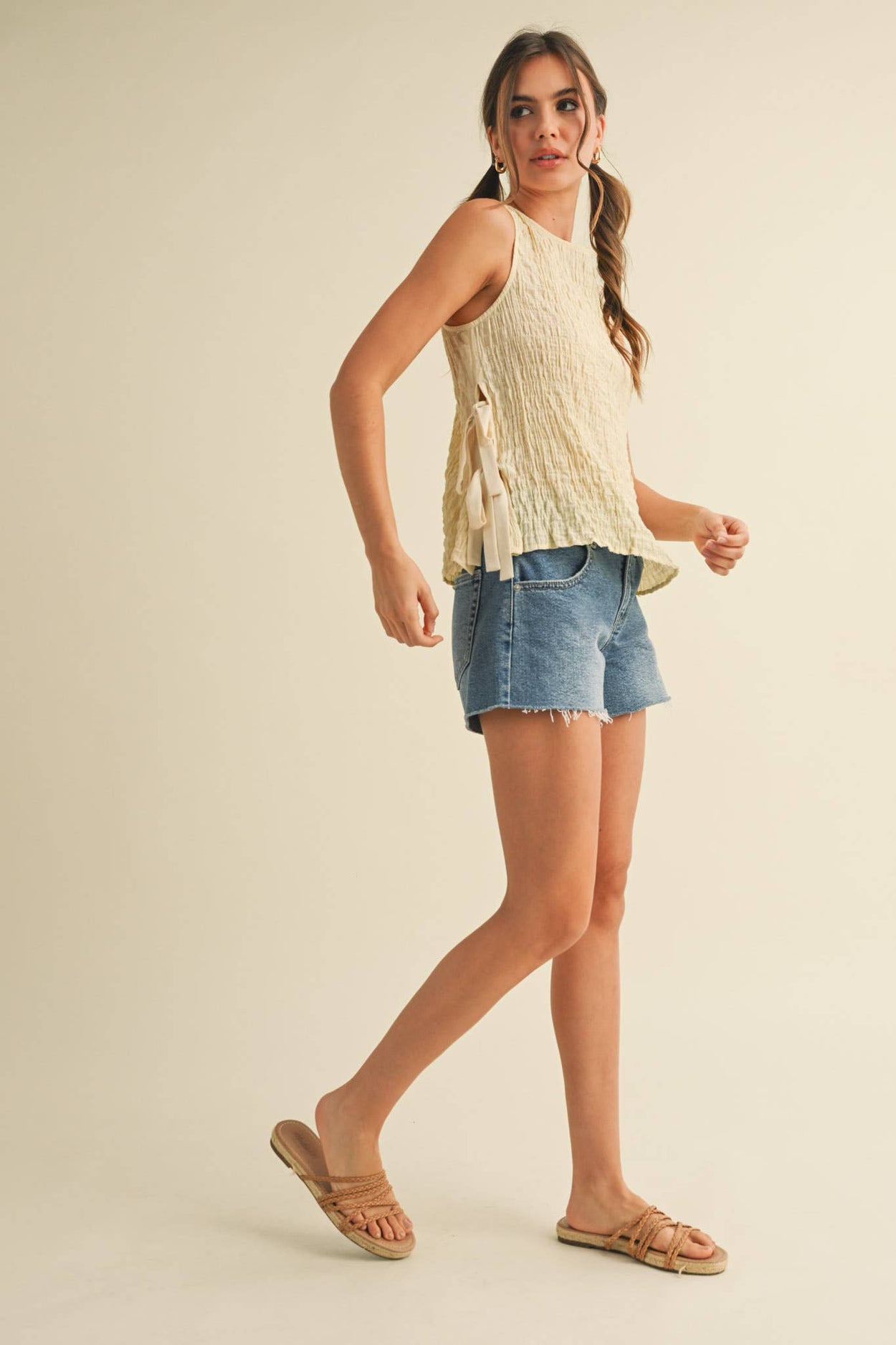 Custard Cream Crinkle Texture Side Tying Tank