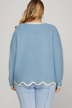 Plus Blue & Cream Scallop Hem Sweater