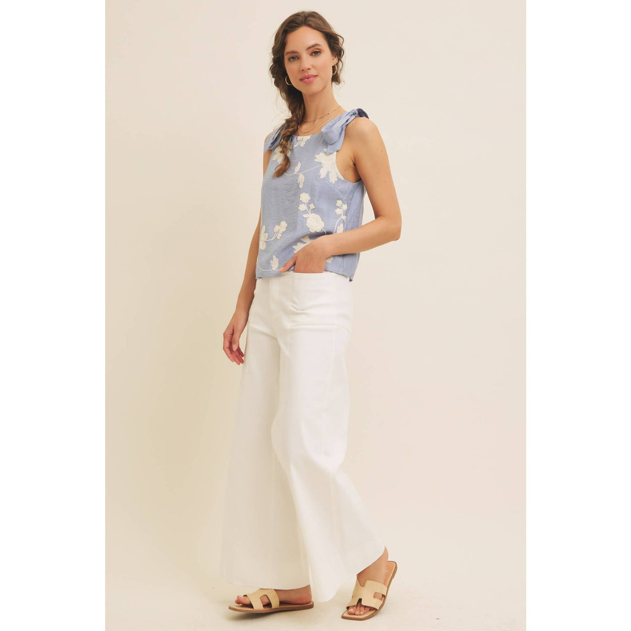 Dusty Blue Blouse Top With Bow Straps