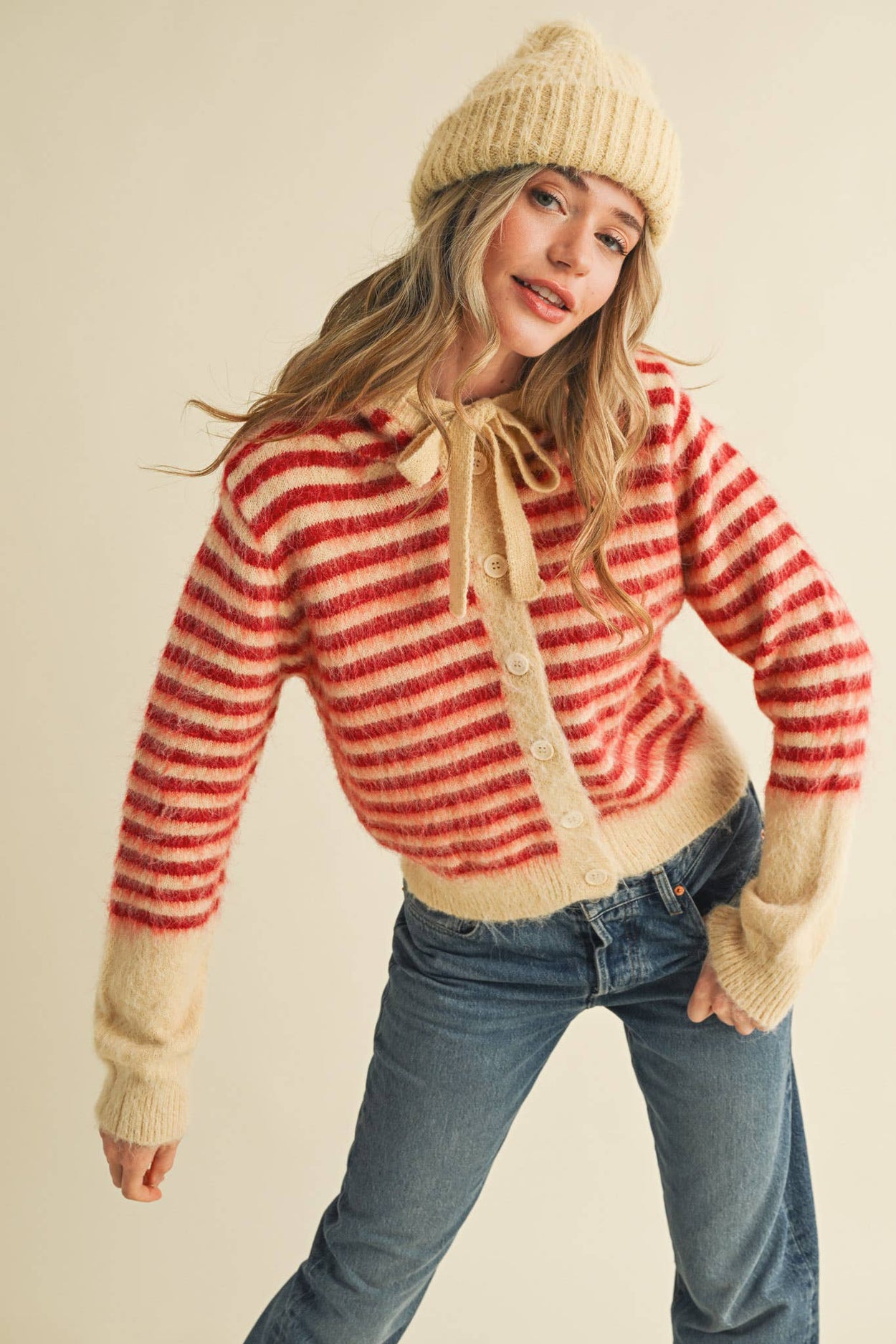 Cream Red Striped Hoodie Sweater Cardigan