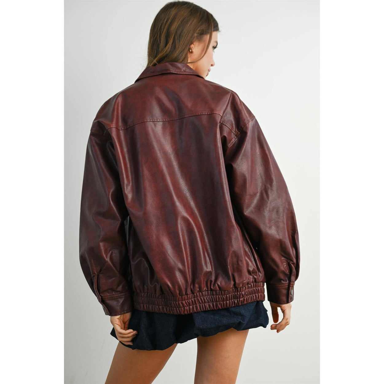 Wine Collared Zip-Front Leather Jacket