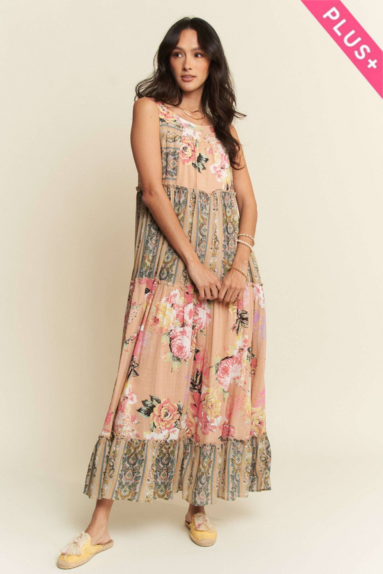 Plus Floral Boho Mixed Stripe Maxi Dress