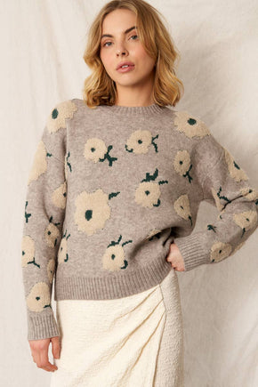 Grey & Green Flower Cloud Pullover Sweater