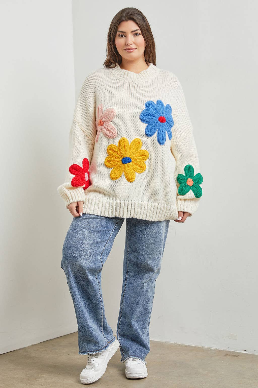 Plus Cream Knit Sweater With Flower Detail