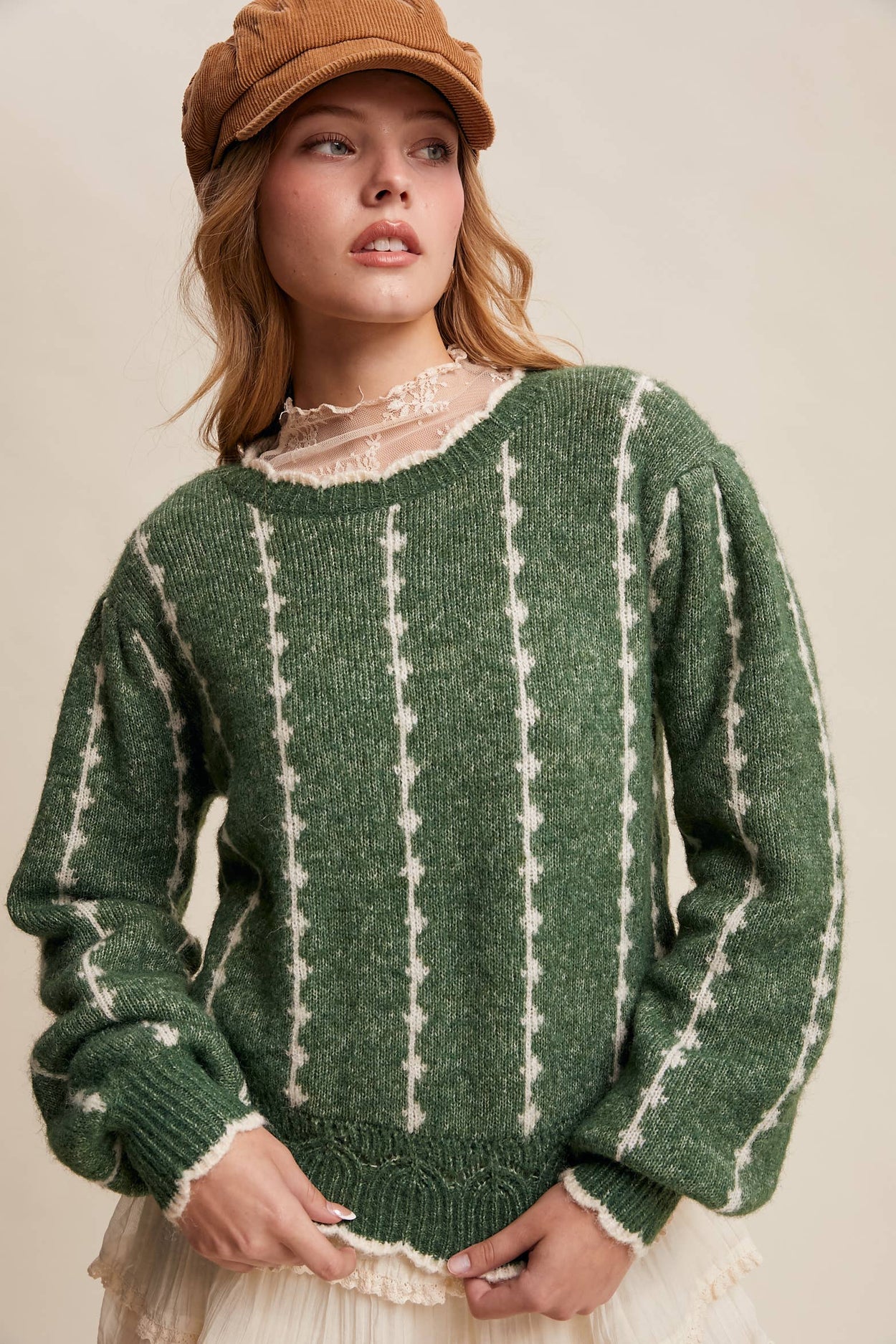 Green Textured Jacquard Knit Crew Sweater
