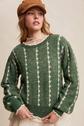 Green Textured Jacquard Knit Crew Sweater