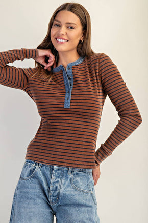 Cinnamon Snow Wash Two Tone Button Down Top