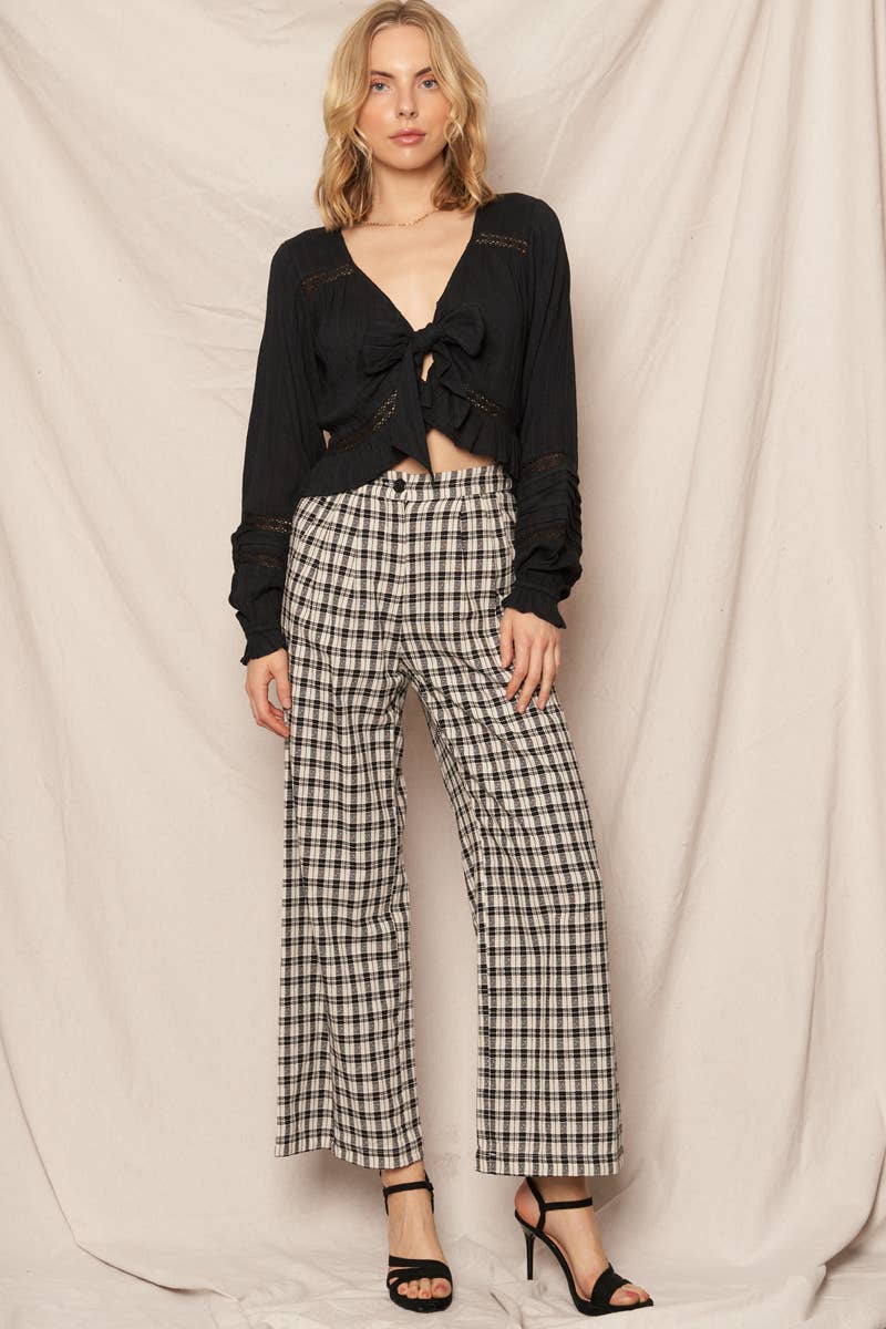 Ivory & Black Plaid Wide Leg Pants with Back Elastic