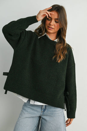 Olive Tie Split-Hem Crewneck Long Sleeve Top